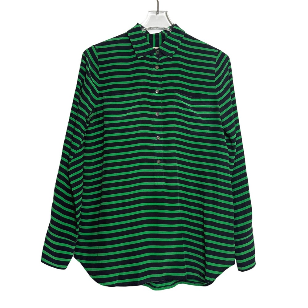 J.Crew Blouse Womens 8 Green Black Striped 100% Silk Long Sleeve Button Up Top